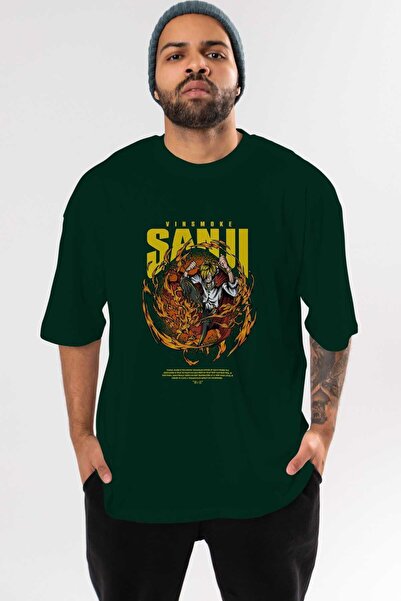 Ankhises Vinsmoke Sanji Anime Front Štampano Emerald Green Oversize kroj T-sh...