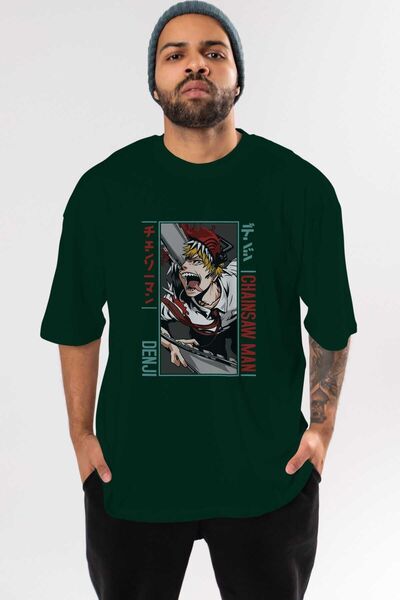 Ankhises Čovek sa motornom testerom Anime Emerald Green Oversize kroj T-shirt...