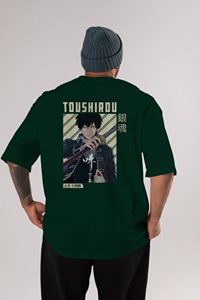 Ankhises Toushirou Hijikata Anime Back Štampano Emerald Green Oversize kroj T...