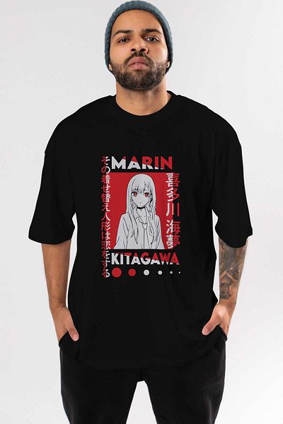 Ankhises MARIN KITAGAWA Tricou negru oversize cu imprimeu frontal anime Bărbați Femei