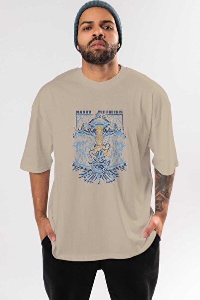 Ankhises MARCO EL FENIX One Piece Anime Front Štampano Bež Oversize kroj T-sh...