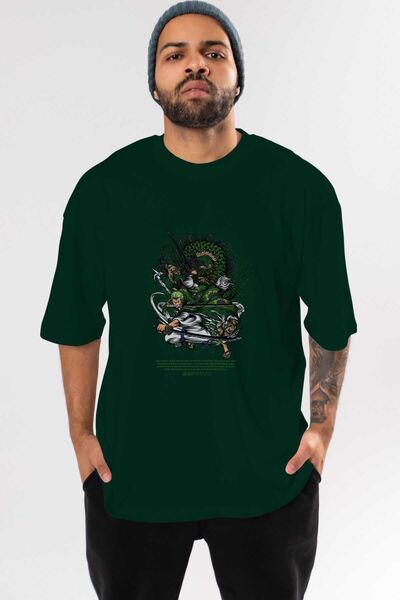 Ankhises Zoro-ONE PIECE Anime Front Štampano Emerald Green Oversize kroj T-sh...
