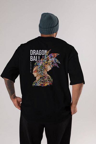 Ankhises DRAGON BALL ART (5) Tricou negru oversize cu imprimeu pe spate pentru bărbați și femei