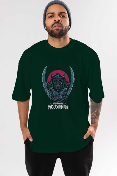 Ankhises Inosuke DEMON SLAYER Anime Front Štampano Emerald Green Oversize kro...