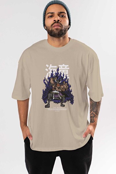 Ankhises Kaido Anime Front Štampano Bež Oversize kroj T-shirt Muškarci Žene