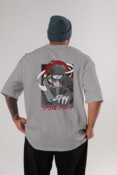 Ankhises SHISUI UCHIHA NARUTO Anime Πίσω Μπλουζάκι με στάμπα γκρι Oversize 100% βαμβάκι Ανδρικά Γυναικεία