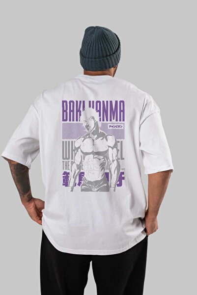 Ankhises BAKI HANMA (2) - Tricou supradimensionat alb cu model anime 100% bum...