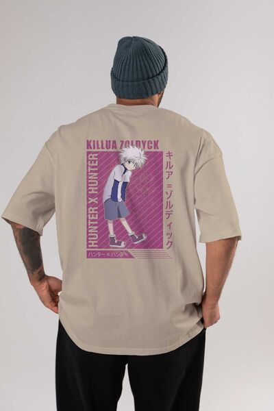 Ankhises Killua Zoldyck 3 1 Anime Pattern - Bej, 100% bumbac, tricou supradimensionat pentru femei/bărbați