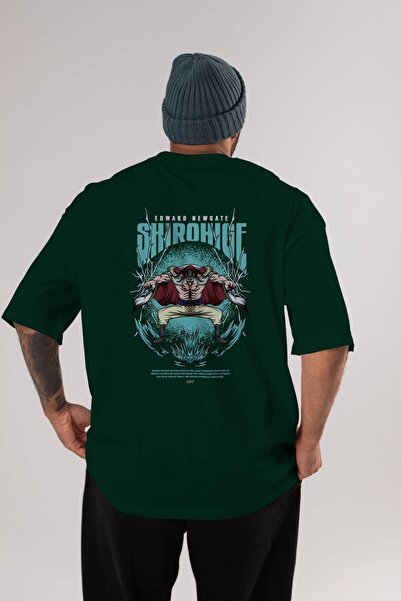 Ankhises Shirohige Anime Back Štampano Emerald Green Oversize kroj T-shirt Pa...