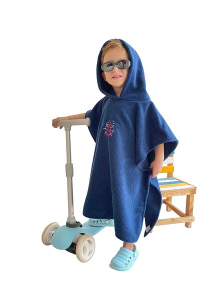 Miami Beach Children's Navy Blue Helm And Lighthouse Embroidered Fast Water Absorbing Hooded Bath Pool Beach Poncho Towel