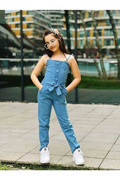 Starqızpaltarı Girls' Denim Overalls with Back Zipper Detail and Waist Belt