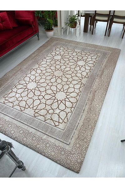 MEKA TEKSTİL Tile Model Brown Elastic Velvet Carpet Cover