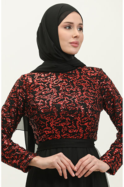 sefamerve Black Red Lace Belted Evening Dress - 5353A-18