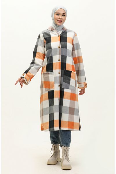 sefamerve Orange Gray Plaid Patterned Fleece Cap - 0166-05