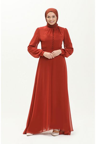 sefamerve Ziegelfarbenes Chiffon-Abendkleid – Knopfdetail, Modell 5695-14