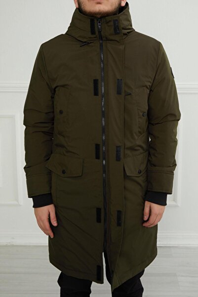 PIQUE Hscstore Ανδρικό παλτό χακί με κουκούλα με φερμουάρ και λεπτομέρεια τσέπης - Nora