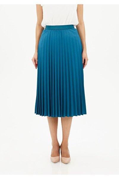 G-Line Petrol Mavisi Midi Boy Beli Lastikli Yüksek Bel Plise Etek