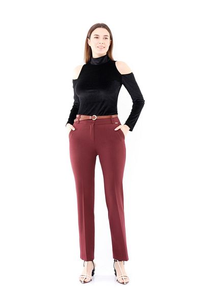 Guzella Claret Red Maxi Length Classic Slim Fit Belted Trousers