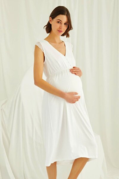 MONAMİSE 18450 Kadın Ekru Hamile Lohusa Kısa Kollu Gecelik