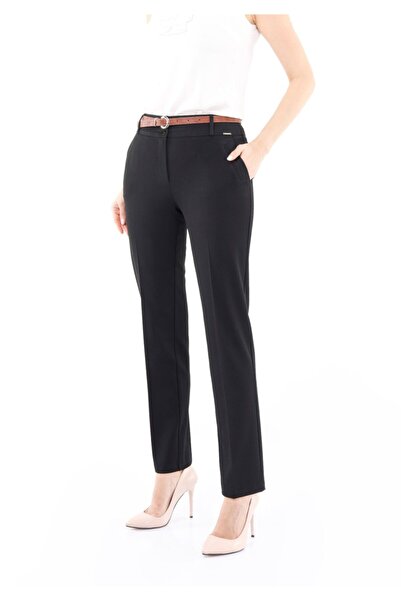 Guzella Kemerli Maxi Boy Klasik Dar Kesim Siyah Pantolon