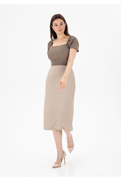 G-Line Taş Rengi Midi Boy Klasik Beli Lastikli Arkadan Yırtmaçlı Fermuarlı Ka...