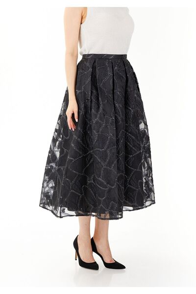 Guzella Glitter Patterned - Organza Black Lined Midi Pleated Skirt