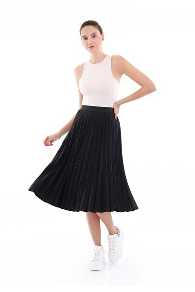 G-Line Black Midi Length High Waist Pleated Skirt with Elastic Waistband