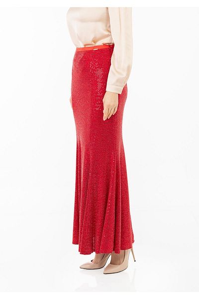 Guzella Red Sequined Maxi Length Fish Skirt
