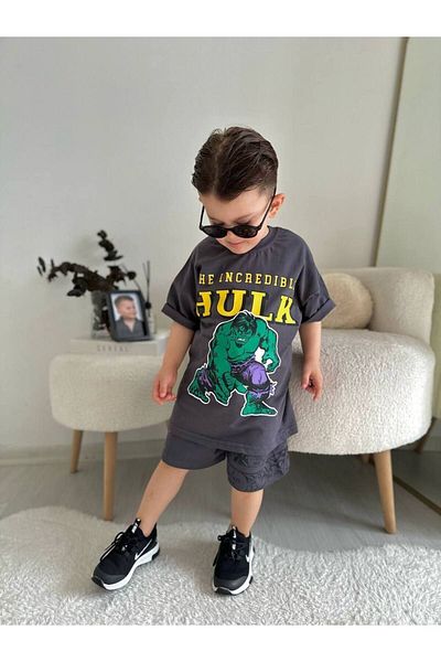 JELİBOOM Marvel Hulk Gray Kids Shorts Set - Detail Printed