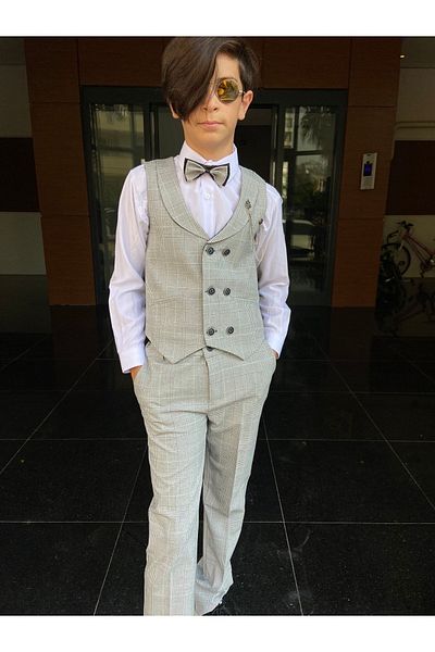 WENA KİDS Children's Vest Suit Shirt Set Suit Plaid Gray