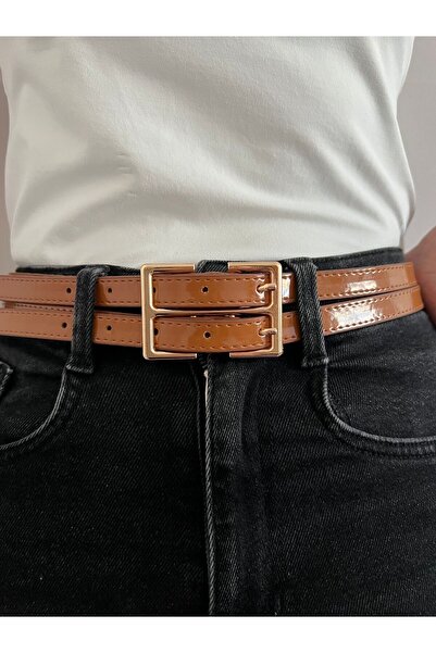 Eksibir Çiftli Taba Rugan Kemer Kadın Kemeri Pantolon Kemeri Elbise Kemeri