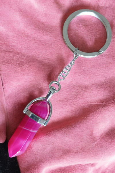 MGA DOĞAL TAŞ Breloc cu piatră de agat roz, tăiat cu unghii, lanț de oțel, pi...