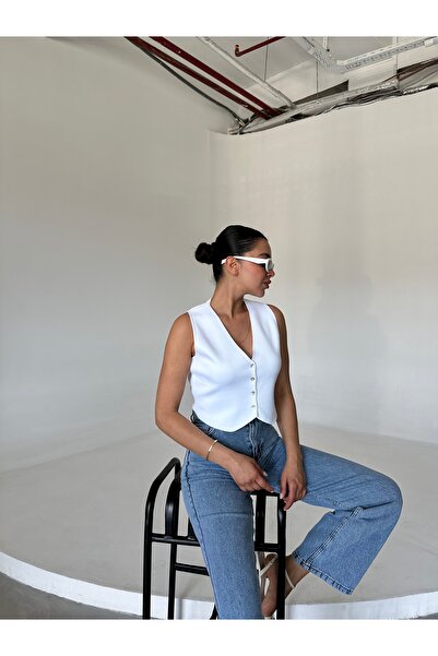 Laluvia Πλεκτό Λευκό Γιλέκο - Σχέδιο με κουμπιά