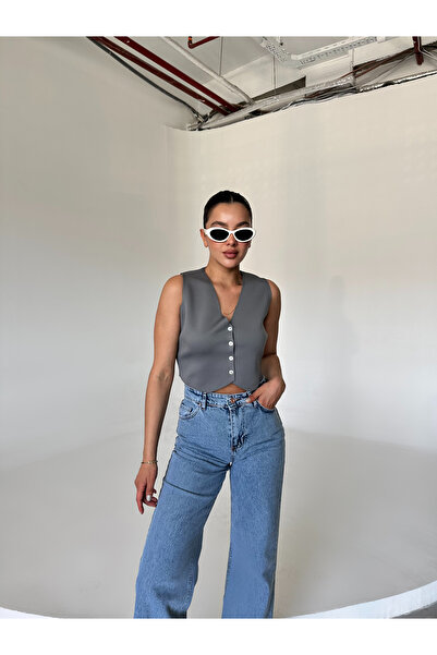 Laluvia Smoked Knitwear Vest - Buttoned Design