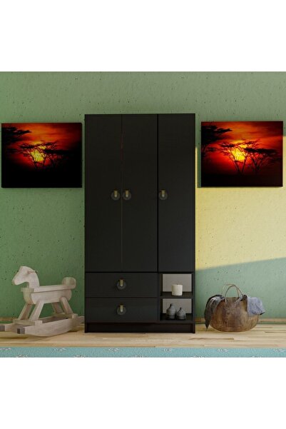 Ünüvar Konsept Emre 3 Kapaklı 2 Çekmeceli Gardrop - Siyah K1