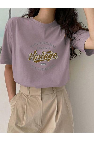 FAVORİST Βαμβακερό Vintage εμπριμέ μπλουζάκι Oversize