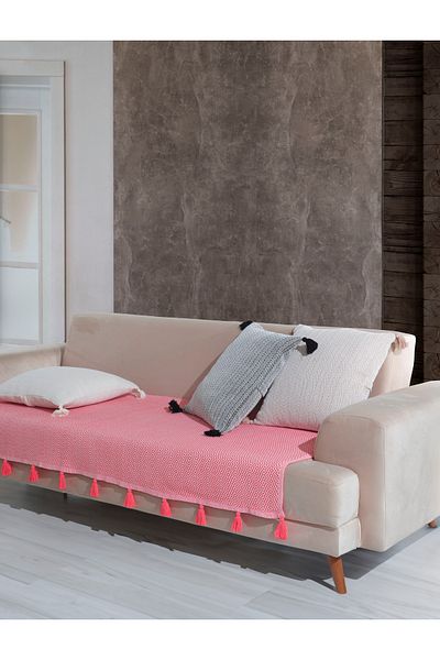 Lux Touch 115 x 200 cm Tufted Sofa Sofa Sofa Bed Armchair Cover - Coral with Lavi Pompom