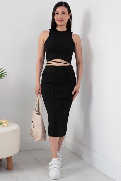 PULLIMM Tricoturi Crop Top și Fusta - Costum din două piese cu guler Halter 2737