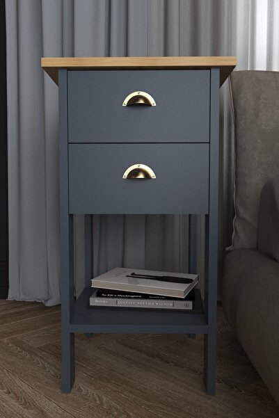 MOBU CONCEPT Komodin, Retro, Çekmeceli, Antrasit Gövde, Meşe Tabla