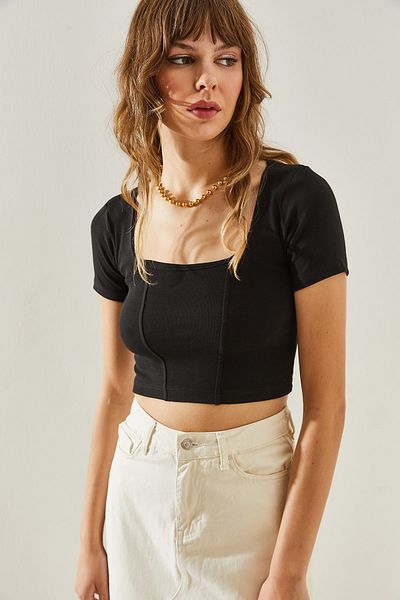 Bianco Lucci Tricou Crop pentru damă - Guler pătrat, Detaliu cusătură, Mânecă scurtă 60251236