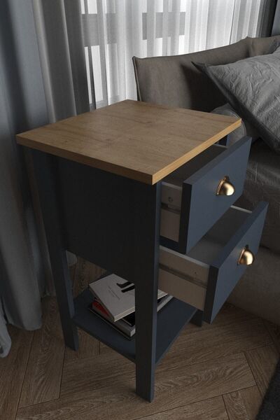 MOBU CONCEPT Komodin, Retro, Çekmeceli, Antrasit Gövde, Meşe Tabla