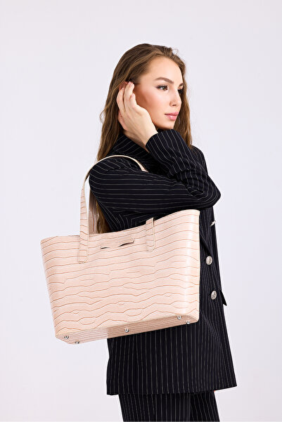 Paksoy Γυναικεία τσάντα ώμου μπεζ λουστρίνι Crocodile - με θήκη μέσα