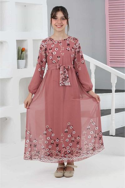Asortik Kids Long Chiffon Dress - Young Girl, Floral Pattern
