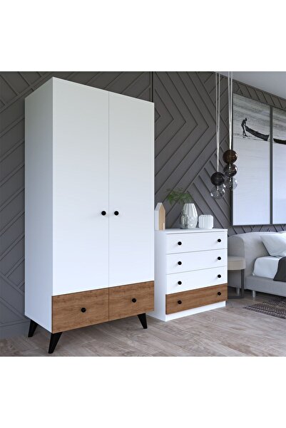 TOCCO 1055 Cansu 2 Kapaklı Çekmeceli Gardırop Şifonyer Takımı-beyaz