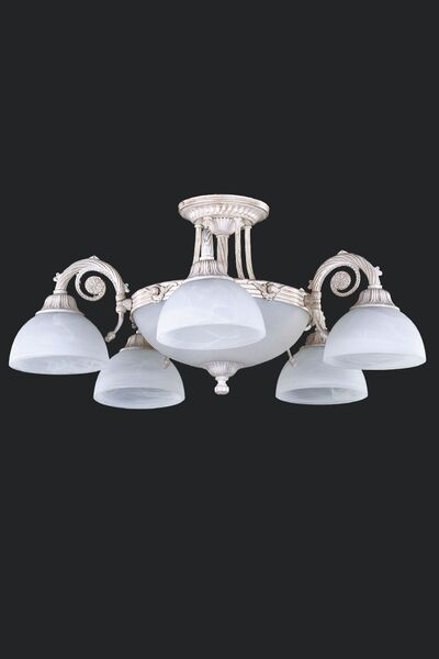 Avize çarşısı Dakar 5 Kollu Beyaz Cam Başlıklı, Beyaz Patine Renk Metal Gövde...