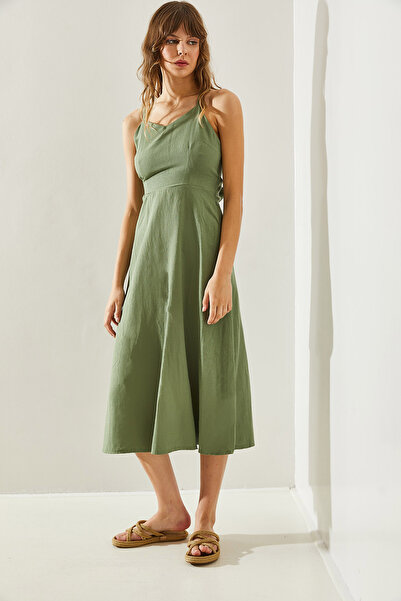 Bianco Lucci Λινό Γυναικείο Φόρεμα - Πλάτη Γραβάτα, Σχοινί Strap60251226