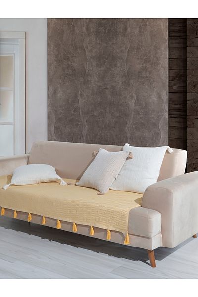 Lux Touch Husă de fotoliu cu pompon galben lavi - 115 x 200 cm, canapea divan canapea extensibilă fotoliu, șal ciucuri