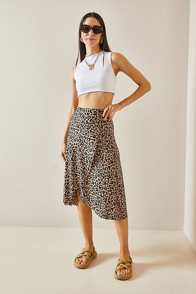 XHAN Beiger zweireihiger Midirock mit Leopardenmuster - 5YXK7-48615-25
