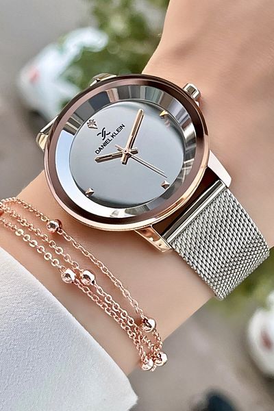 Daniel Klein Rose Silver Color Women's Wrist Watch Bracelet with Adjustable Band Dkgnct291
