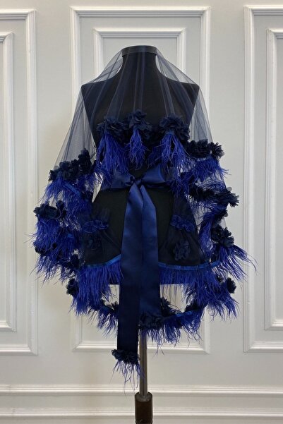 ZEYMERADE طقم حجاب حناء فاخر باللون الأزرق الداكن مع ريش وزهور ليزر ثلاثية ال...